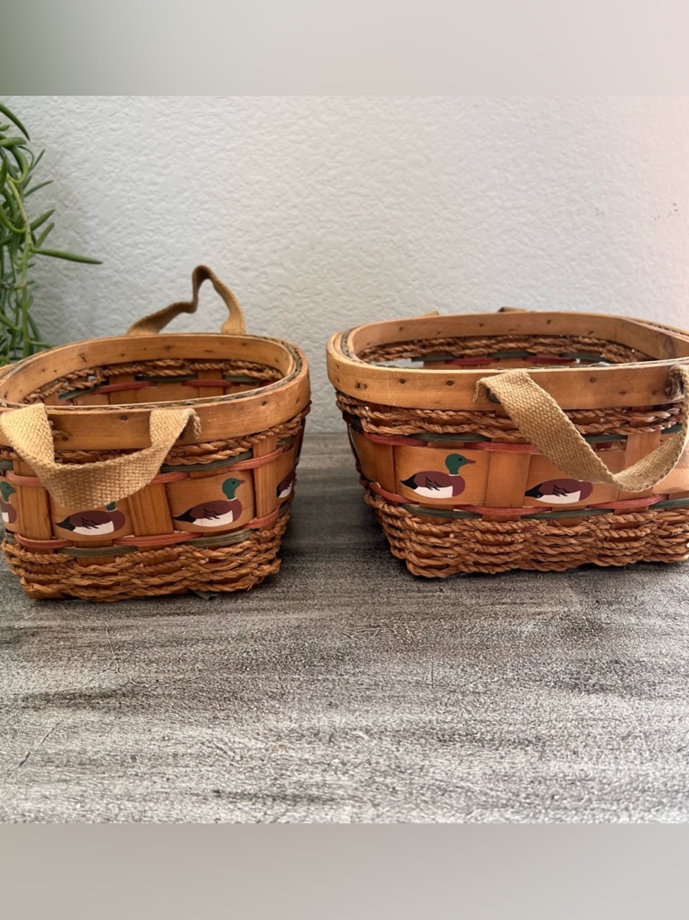 Set Of Two Vintage Wicker Woven Rattan Duck Basket Wooden Decor 9.5X7 & 8xб